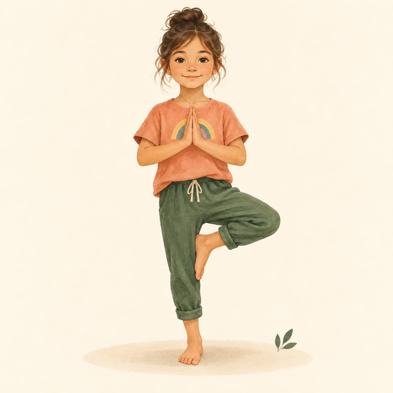 Illustration of a girl in Tree Pose, with her foot at her calf and palms together